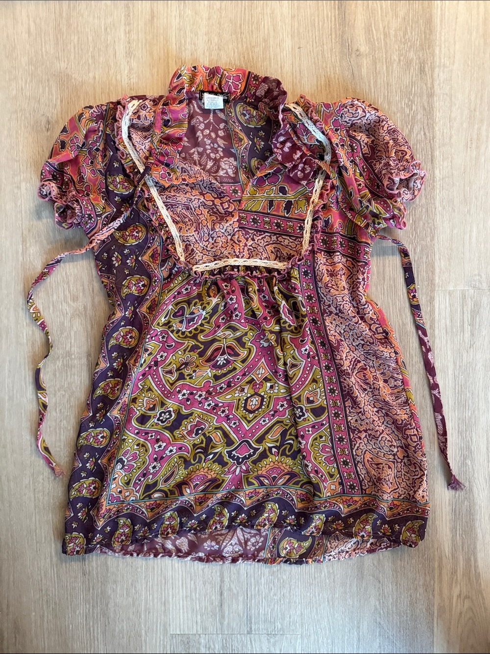 Vintage Y2K Paisley Print Peasant Blouse - Pink, Purple & green